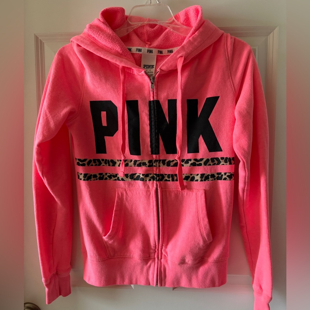 PINK Victoria's Secret Neon Pink w/ Leopard Print Hoodie Sweatshirt XS